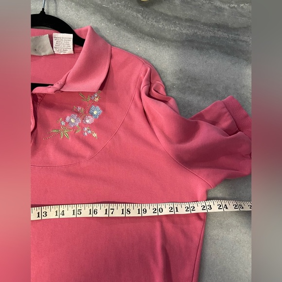 VTG Blair Size L Pink Floral Embroidered Short Sleeve Polo Shirt Ribbed Waist - Picture 8 of 10